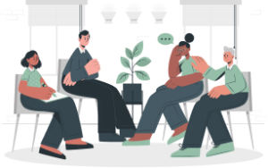 An illustration of group therapy members talking in a circle. At our DBT therapy in Charlotte, NC, we integrate group therapy practices. Call us today to learn more about DBT. 