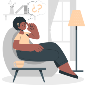 An illustration of an individual sitting in a chair with a speech bubble above filled with question marks. Discover how our trauma treatment in Charlotte, NC can enhance your healing journey. Reach out today to get started with a trauma therapist. 