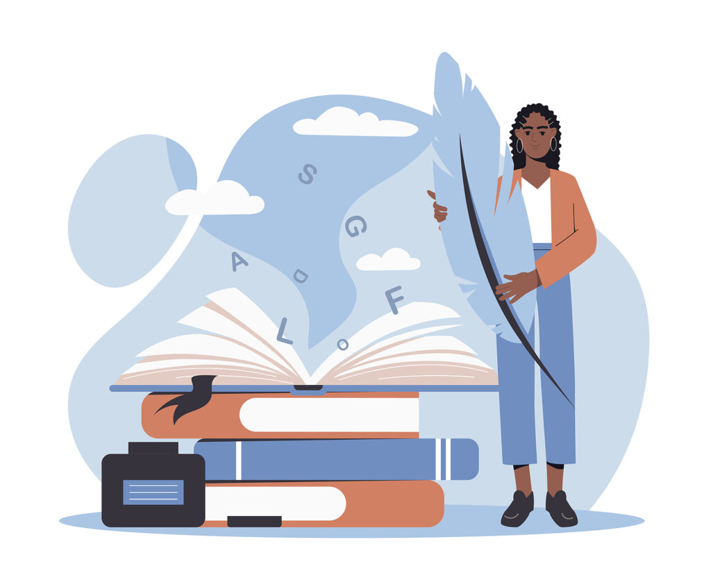 An illustration of a person holding a large feather pen standing next to open books. Representing how working from with ADHD can present unique challenges. With ADHD therapy in Charlotte, NC, you can find strategies that work for you to be productive.