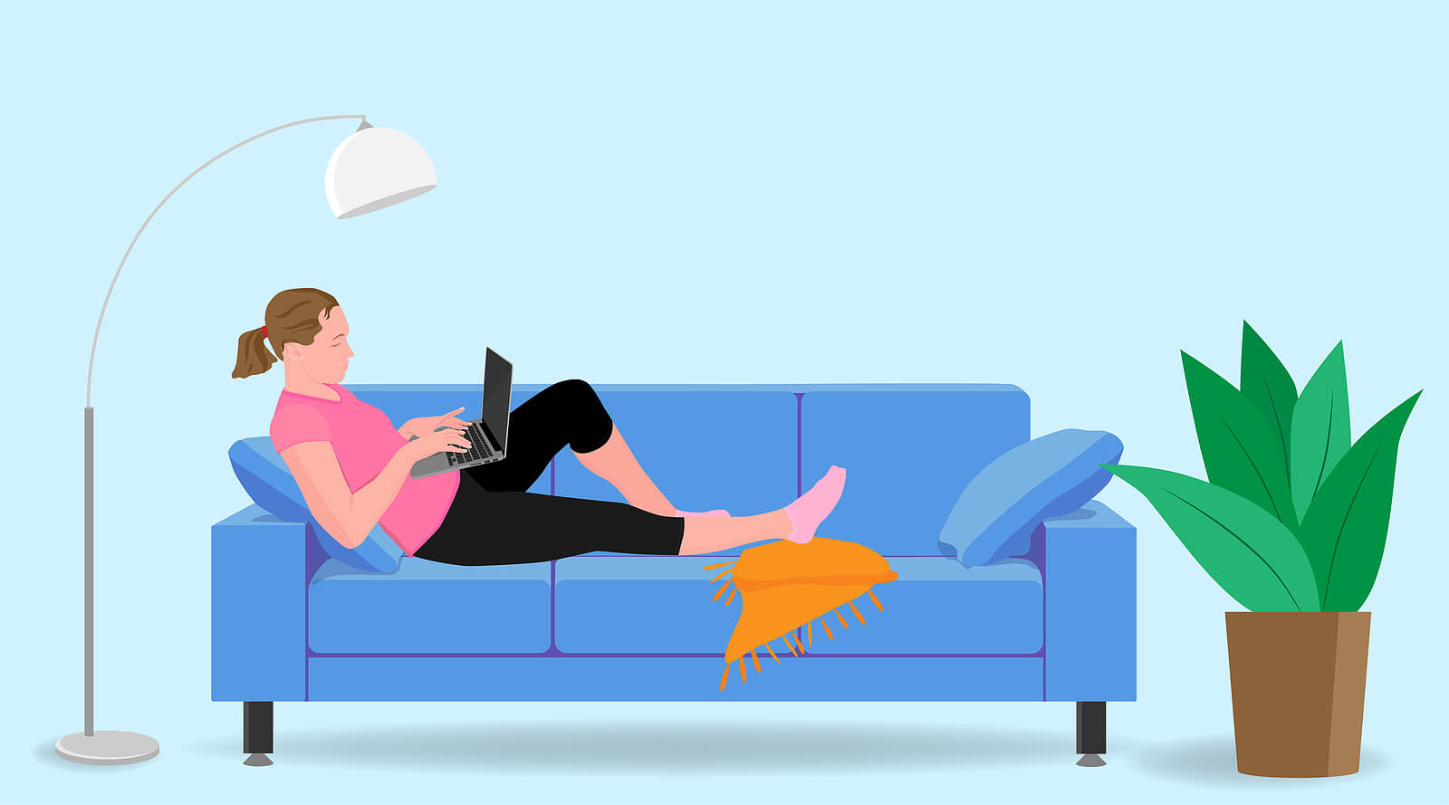 A cartoon of a woman typing on a laptop while laying on a blue couch in the living room. If you struggle to work from home with ADHD, our therapists can help. Therapy for ADHD in Charlotte, NC offers a space to explore these challenges.