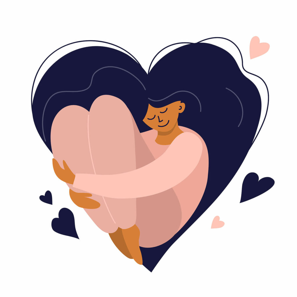 A cartoon of a woman hugging her knees to her chest to form a heart. Representing how radical acceptance can help with letting go of emotions. To learn more radical acceptance skills, get started with DBT therapy in Charlotte, NC. 