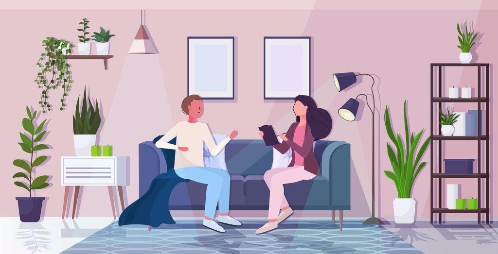 A cartoon of a therapist & client sitting together on a couch. Our dialectical behavior therapy in Charlotte, NC can help you with emotional dysregulation. Call today to get started. 