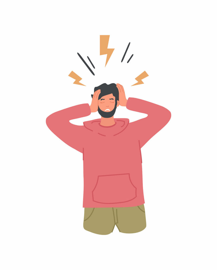 An illustration of a man holding his head with his hands with lightning bolts above. Representing how DBT therapy skills can help you solve different life problems. Learn more tips with a DBT therapist in Charlotte, NC.