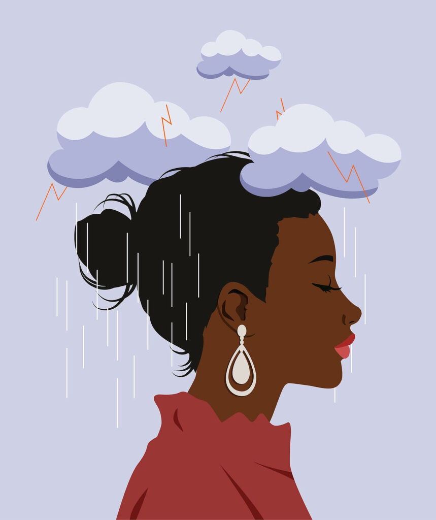 An illustration of a woman being rained on by dark rain clouds. Using DBT skills can help you solve life problems more efficiently. To get started with a DBT therapist in Charlotte, NC, call us today! 