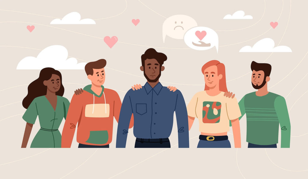 A cartoon of 4 friends reaching to a man in the middle showing support. If you need guidance in trauma recovery, our trauma therapists in Charlotte, NC can help. Reach out today to learn more!