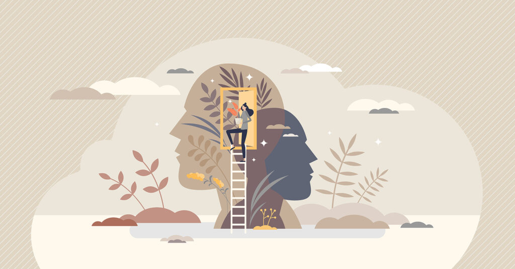 An illustration of 2 outlines of heads & a tiny person climbing a ladder to the brain. This represents how trauma treatment in Charlotte, NC can help individuals heal from trauma bonds. Contact us today to learn more! 