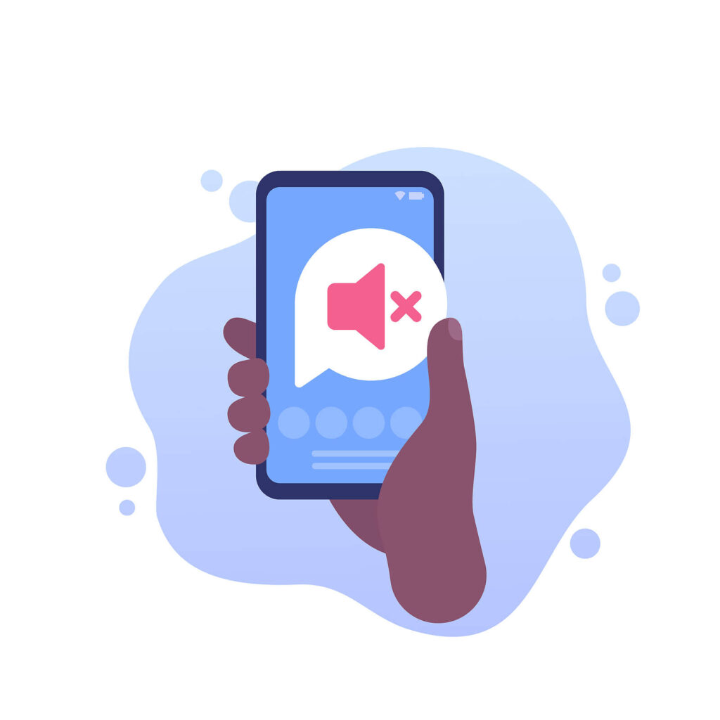 A cartoon of a person's hand holding a phone with silenced notifications. This represents how inhibition can help individuals with ADHD focus. Learn more strategies with an ADHD therapist in Charlotte, NC. 