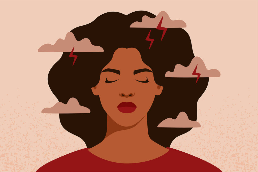 An illustration of a woman with negative internal thoughts. Representing how overthinking can increase anxiety, stress & more. Learn more emotional regulation skills in our DBT therapy in Charlotte, NC. 