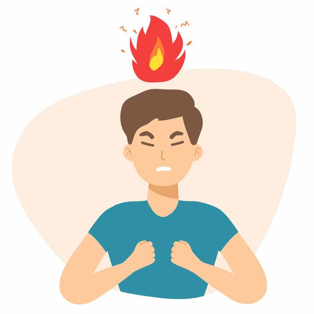 A cartoon of an individual getting angry & a fire appears above their head. Start working with a DBT therapist in Charlotte, NC to build your DBT toolkit. Start your healing journey today!