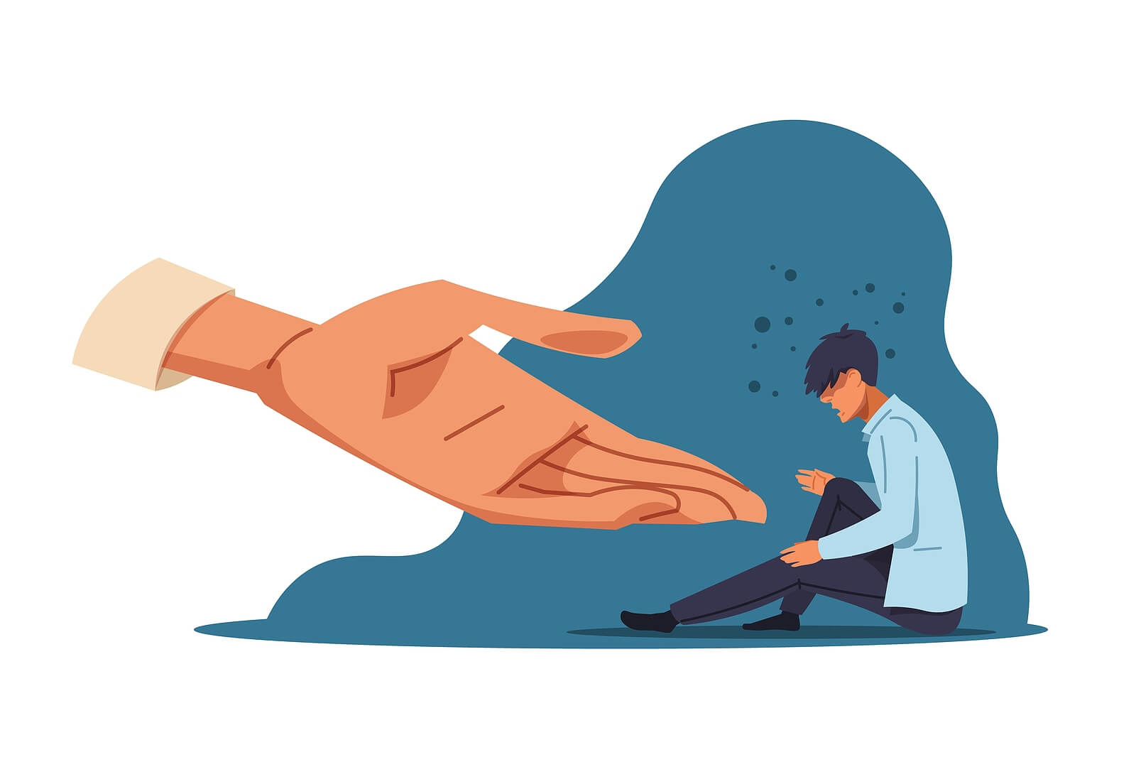 A cartoon of a large hand reaching out to a lonely individual. Want to learn more about enmeshment trauma? Reach out today to start trauma treatment in Charlotte, NC!