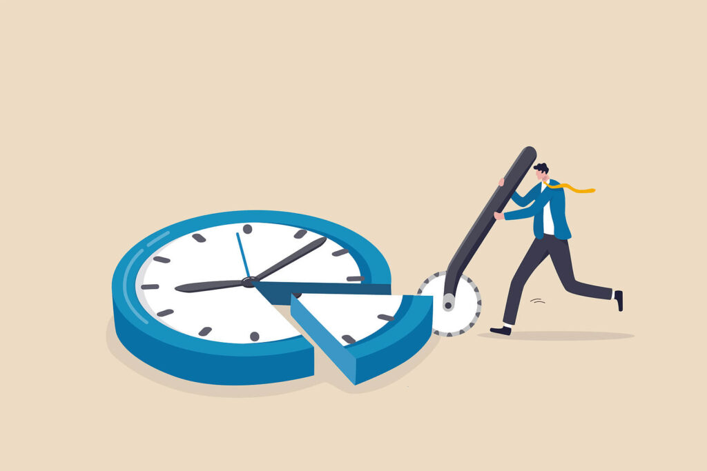 An illustration of a clock being cut into a small piece by a person carrying a circular tool. Representing how ADHD therapy in Charlotte, NC can help you with time management techniques. Learn more by reading our blog here!