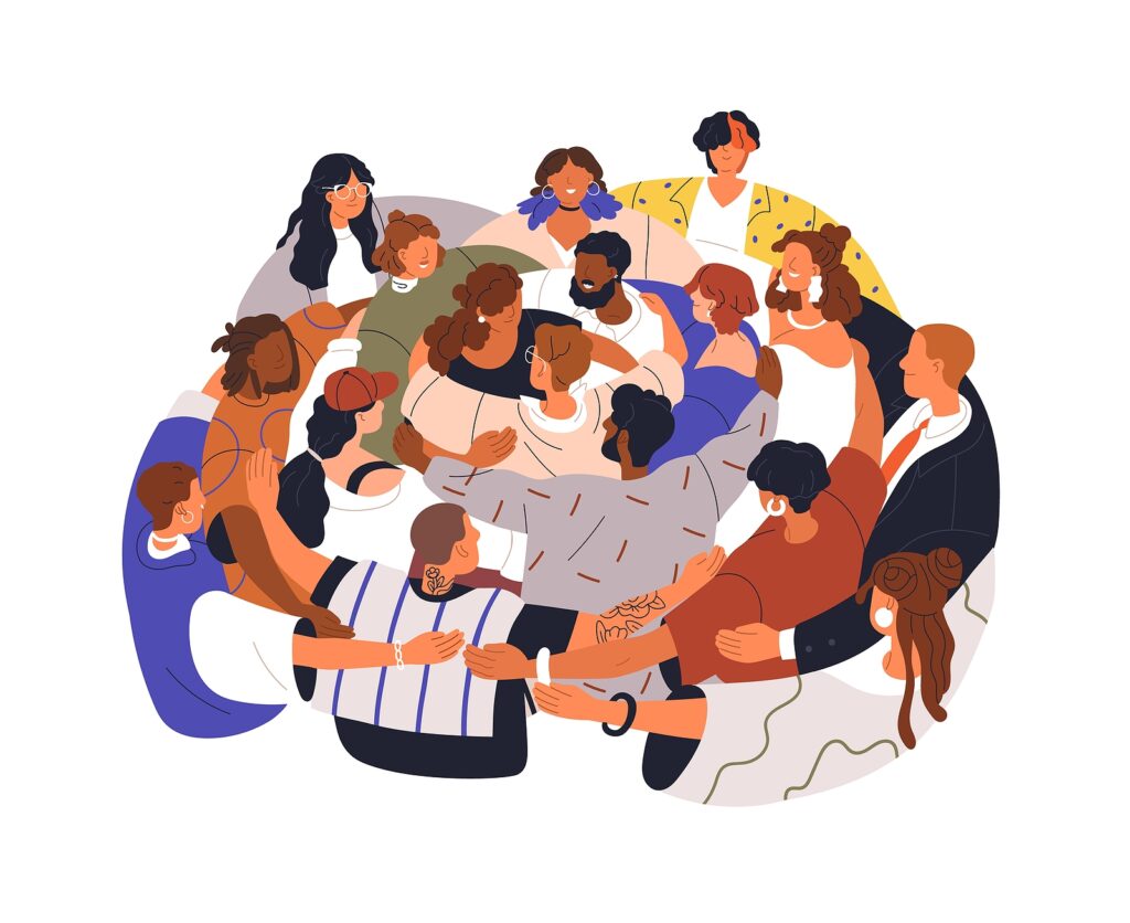 A group of diverse individual cartoon people coming together in a large hug. Representing how ADHD therapy in Charlotte, NC can help you foster respect through person-centric language. Contact us today to get started. 