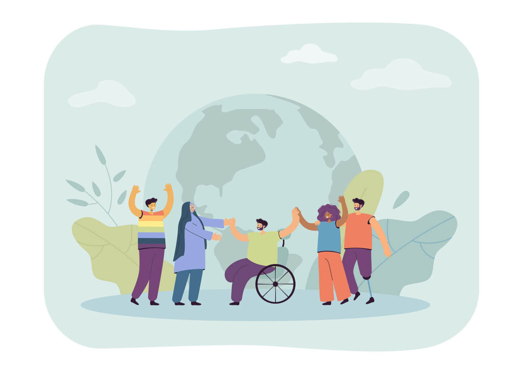 A cartoon of diverse individuals holding hands circling the earth. Discover why using person-centric language is important with ADHD therapy in Charlotte, NC. Read here for more information!