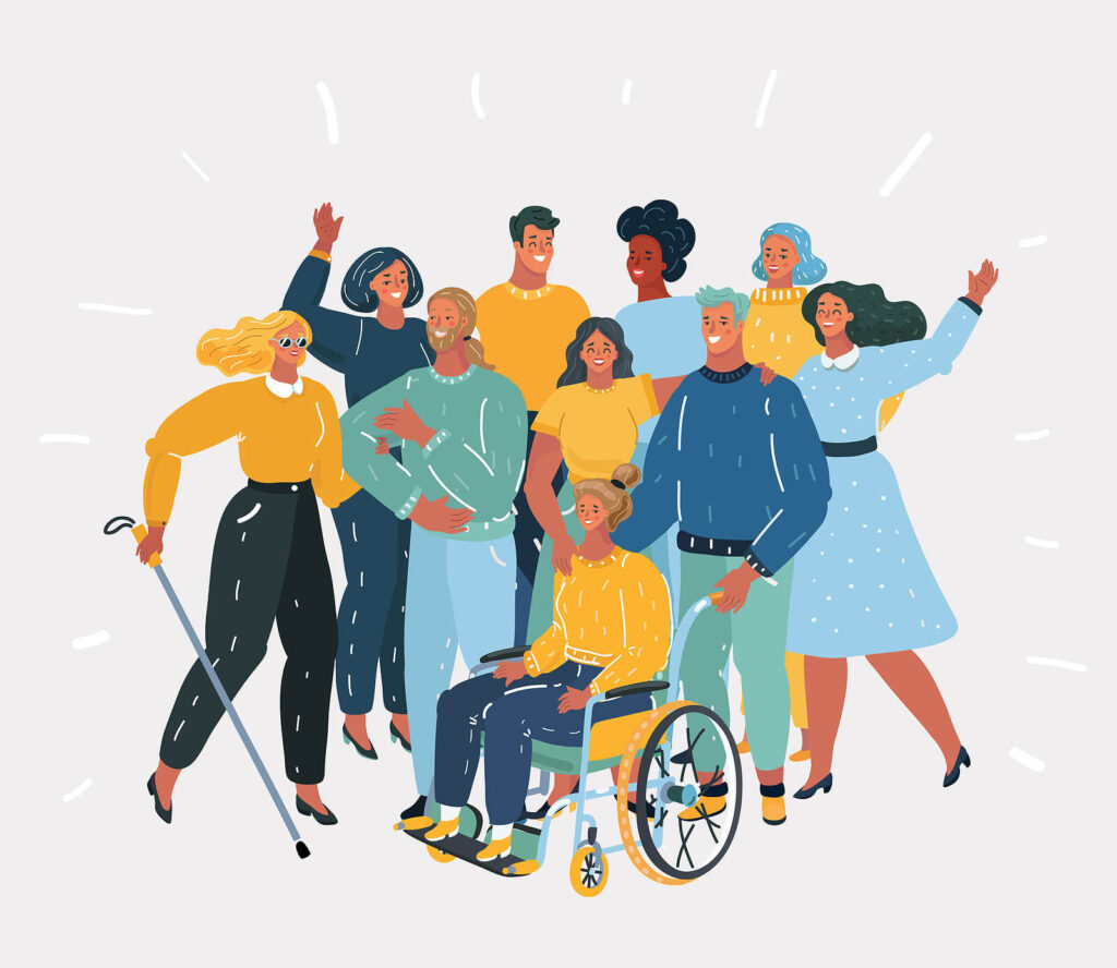 Illustration of diverse individuals, including both able-bodied people & those with disabilities, standing together in a show of inclusivity & community. If you're interested in starting ADHD therapy in Charlotte, NC then reach out today. We can support your journey to well-being. 