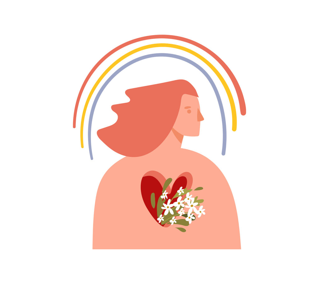 An illustration of an individual with flowers coming out of a heart shaped hole & a rainbow overhead. Our trauma therapy in Charlotte, NC can help you heal from PTSD. Call today to get started!