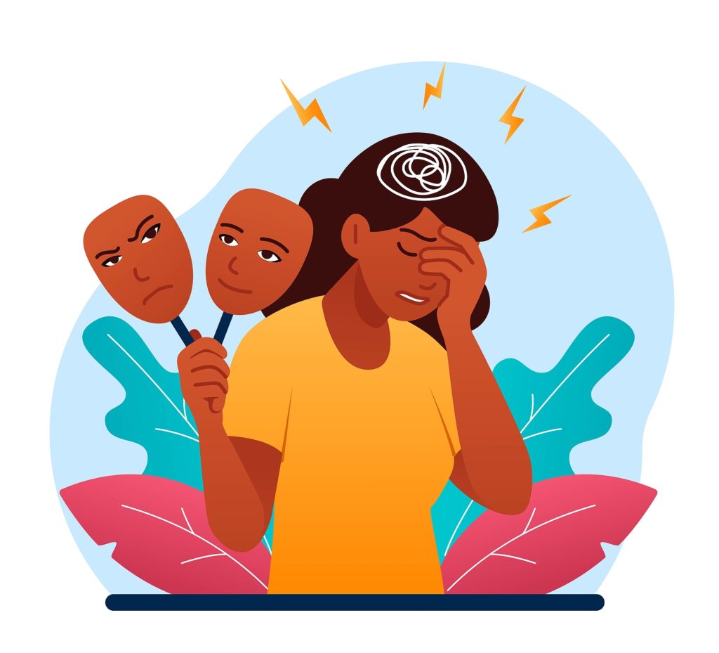 An illustration of a woman holding up two emotion masks while holding her head. Representing how trauma therapy in Charlotte, NC can help you break free from traumatic memories. Start your healing journey with a trauma therapist today. 