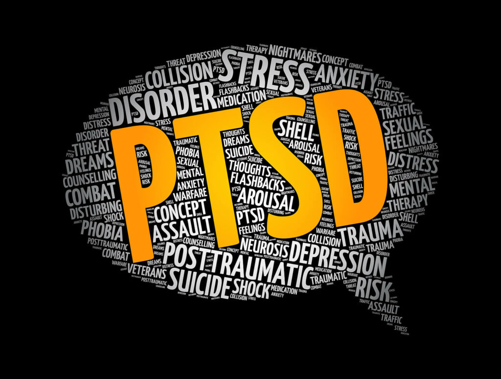 A speech bubble that reads "PTSD" in bright orange letters. If you want to heal from PTSD & trauma, our trauma therapy in Charlotte, NC is just what you need! Call today to get started.