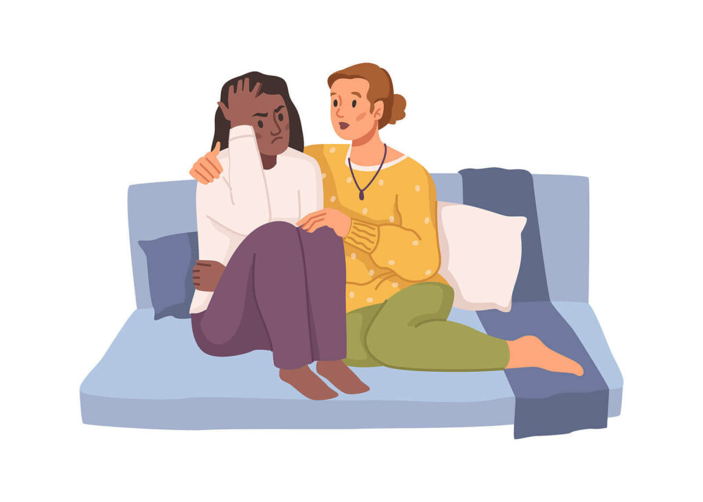 An illustration of two individuals sitting on a couch while one has anxiety. Representing how anxiety can creep in at any moment. Use this DBT skill recommended by a DBT therapist in Charlotte, NC to help manage anxiety. 