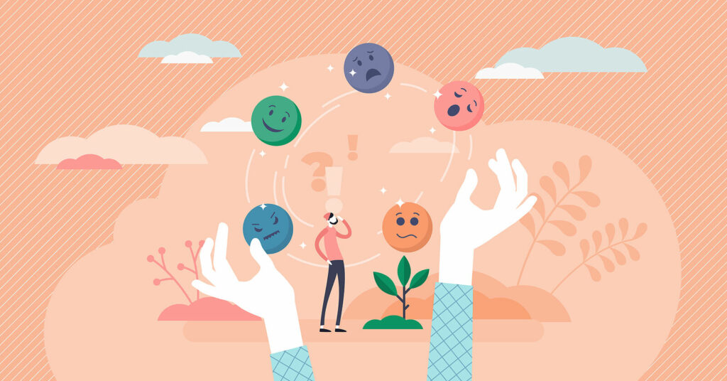 An illustration of a person's hands juggling different emotions. The Check the Fact DBT skill can help you manage your anxiety in healthier ways. Learn more DBT skills from a DBT therapist in Charlotte, NC.