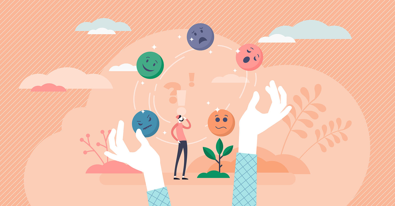 An illustration of a person's hands juggling different emotions. The Check the Fact DBT skill can help you manage your anxiety in healthier ways. Learn more DBT skills from a DBT therapist in Charlotte, NC.