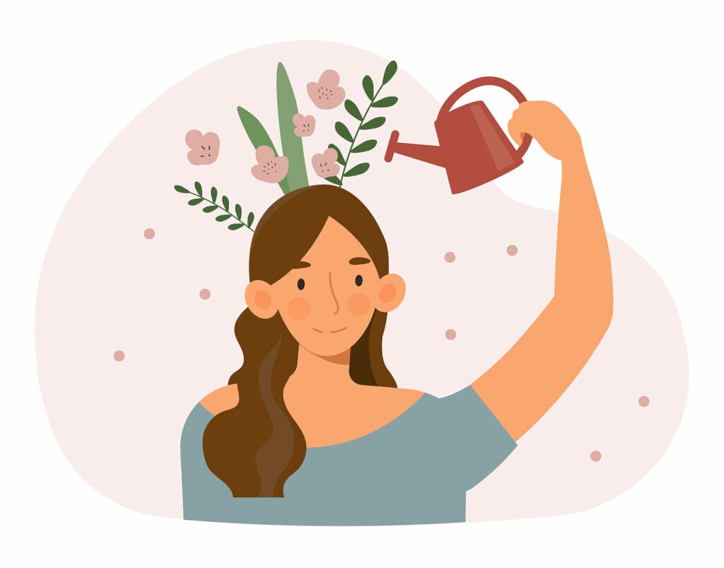 An illustration of a person watering flowers stemming from their head. By using DBT skills you learn from DBT therapy in Charlotte, NC, you can manage your anxiety better. Get started today!