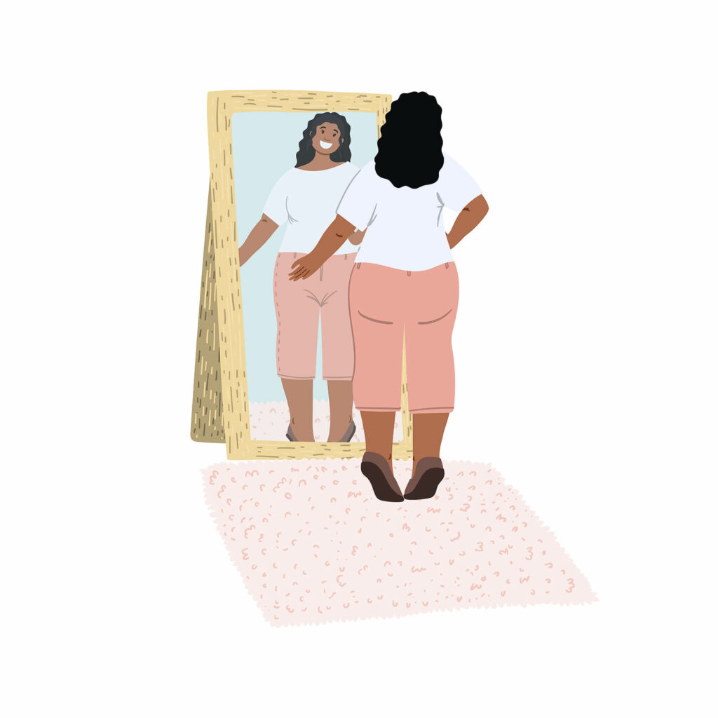 An illustration of a woman smiling at herself in the mirror. Representing how DBT skills can help you find anxiety relief. Start DBT therapy in Charlotte, NC now. 