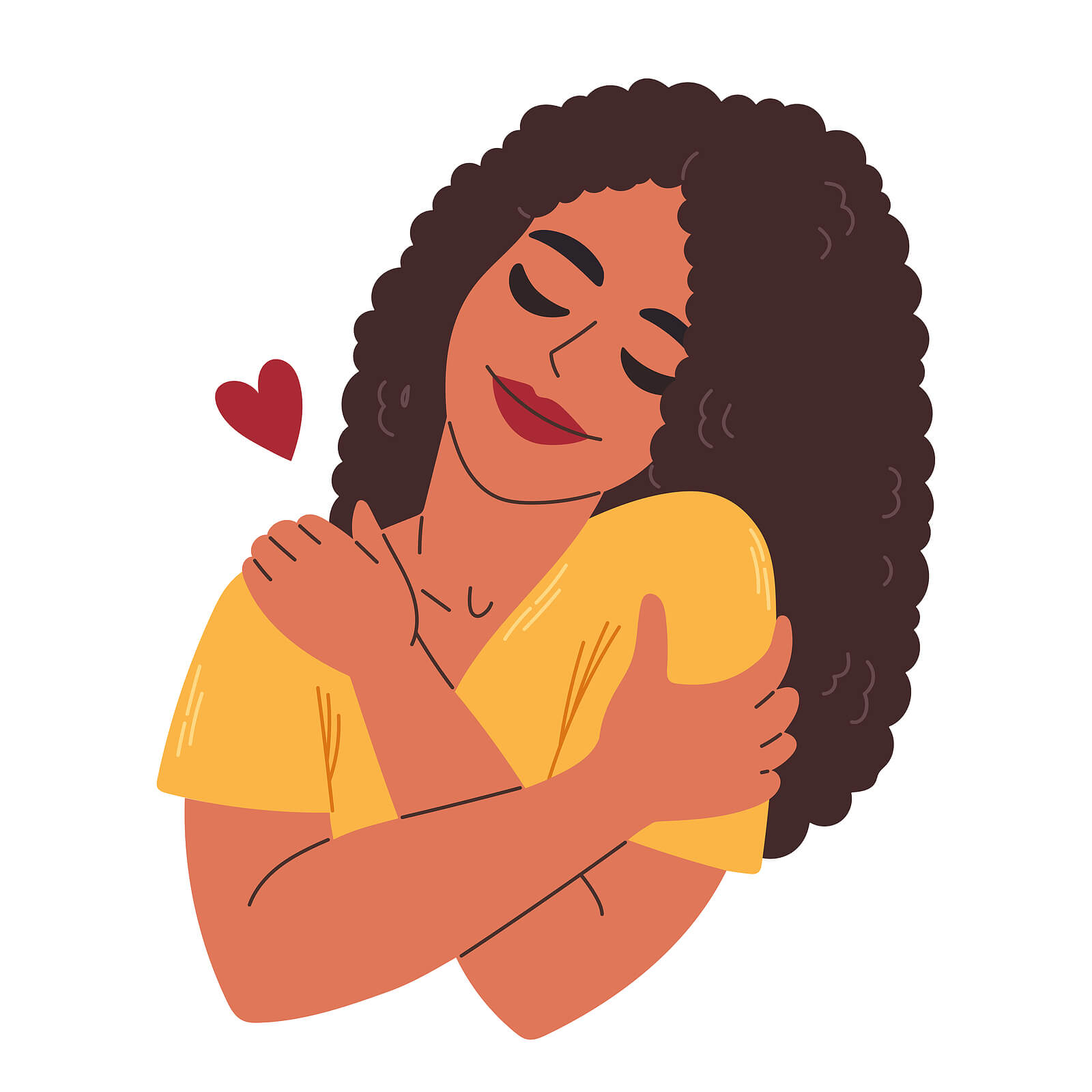 A cartoom woman hugging herself tightly. Representing that self-compassion is essential for trauma healing. Learn more essential tips by starting trauma therapy in Charlotte, NC!