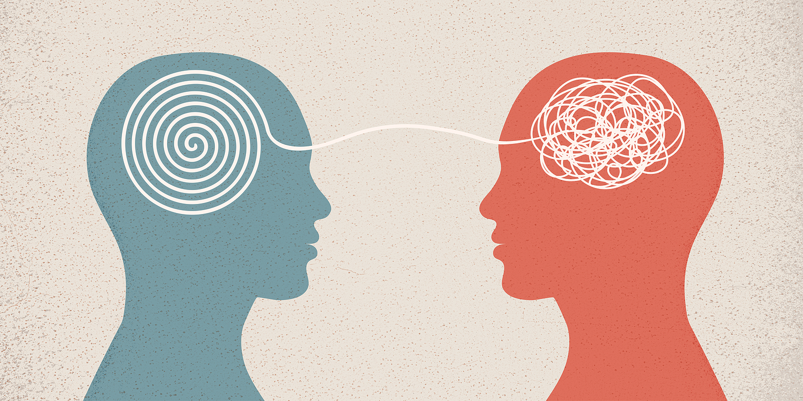 An illustration of two heads: one with tangled thoughts & the other with organized thoughts. Representing how trauma treatment in Charlotte, NC can help you manage disorganized attachment. Reach out to a trauma therapist today.