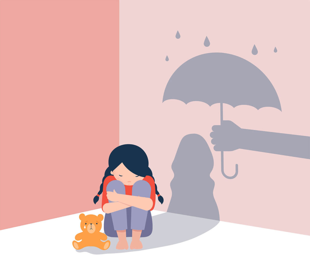 A young child sitting in a corner with a teddy bear while her shadow holds an umbrella over her head. Our trauma therapy in Charlotte, NC can help individuals heal from childhood abuse & more. Contact us today to start your healing journey with a trauma therapist. 