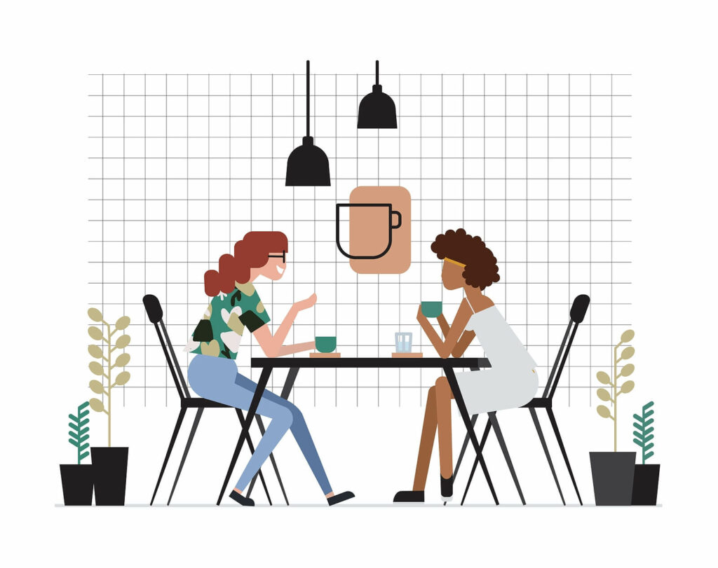 Two cartoon characters sitting at a coffee table talking to each other. Representing how finding a support system can help you find relief from trauma. Get started with our trauma therapy in Charlotte, NC today to start your healing journey. 