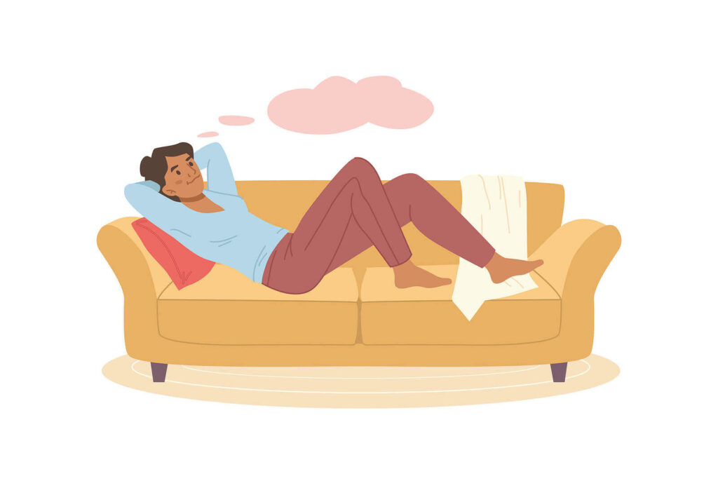 A cartoon of a person laying on a couch with a pink thought bubble. If you struggle with overwhelming emotions, begin DBT therapy in Charlotte, NC today. We can help build DBT skills.