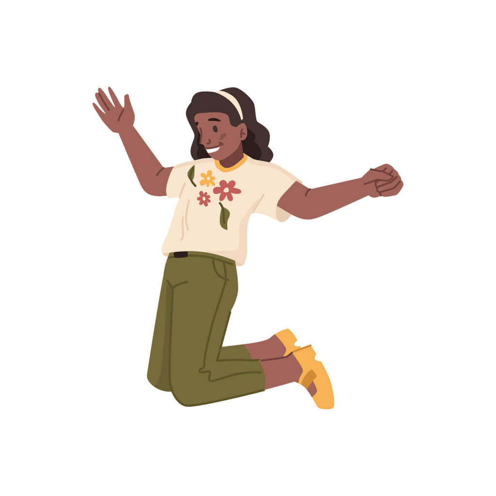 A cartoon of a girl jumping in the air smiling. DBT therapy in Charlotte, NC can help you build a DBT skills tool kit. Call us today to learn more. 