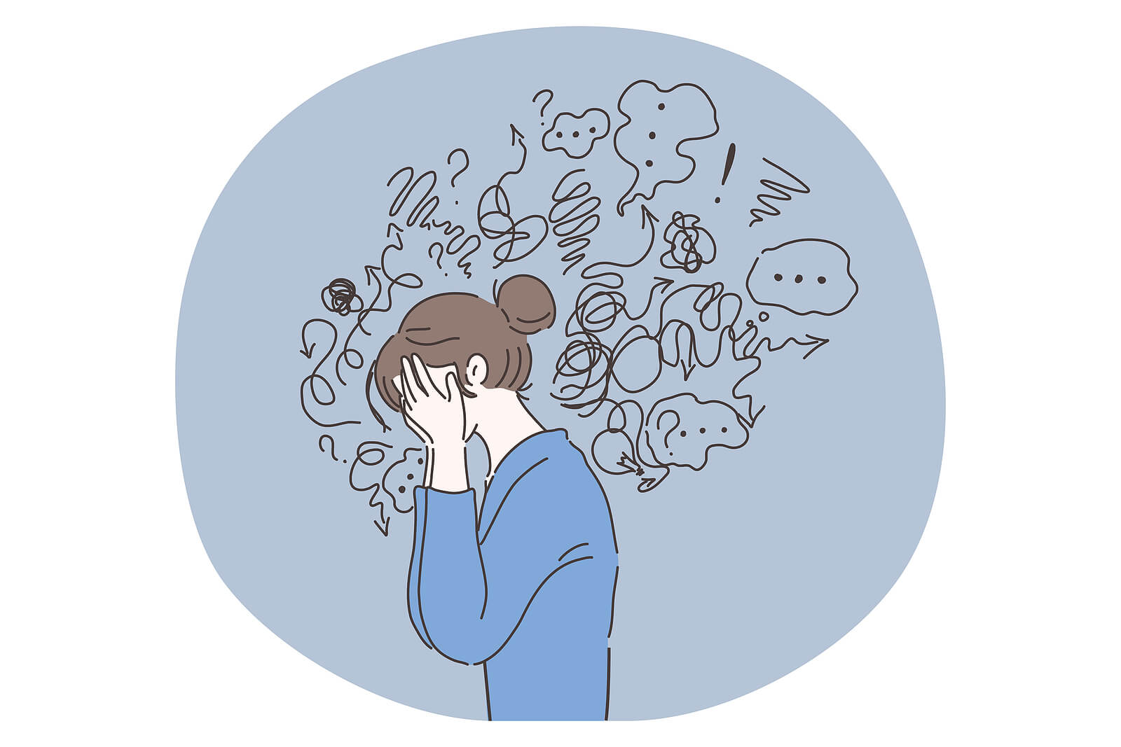 An illustration of a woman holding her head with jumbled thoughts. Representing how DBT therapy in Charlotte, NC can help you with intense emotions that are overwhelming. Get started with a DBT therapist today!