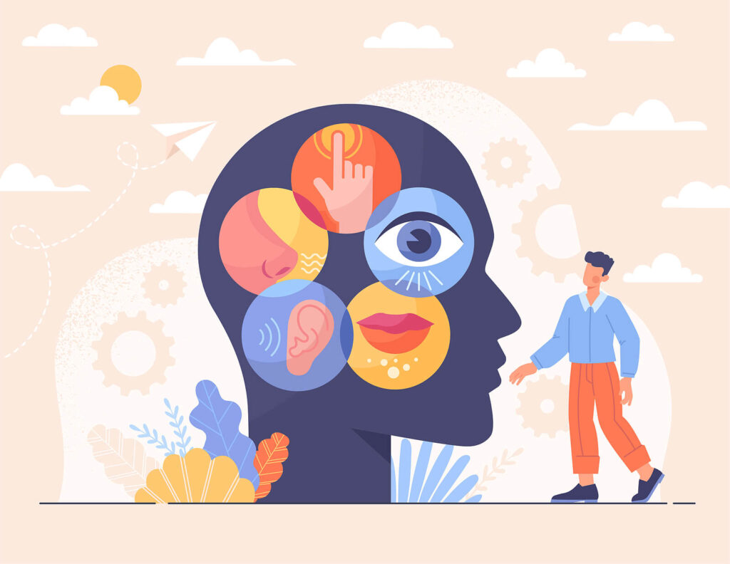 An illustration of the 5 senses, touch, taste, sight, hearing & smell in the middle of a person's head outline. To get started with an ADHD therapist in Charlotte, NC, reach out to us today. We can help you manage sensory overload.  