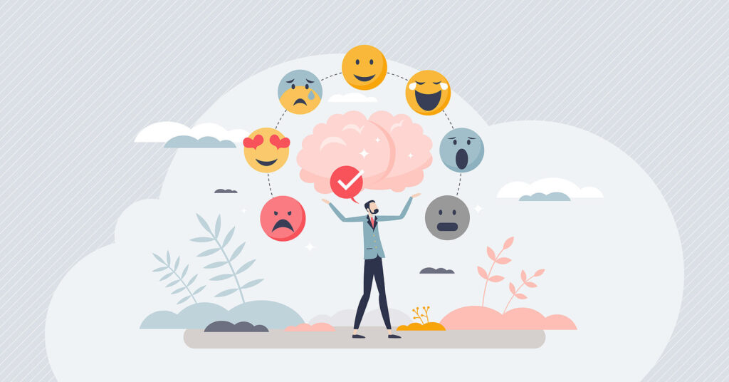 An illustration of a person standing in the middle juggling different emotions. ADHD therapy in Charlotte, NC can help you manage sensory overload. Start your journey today!