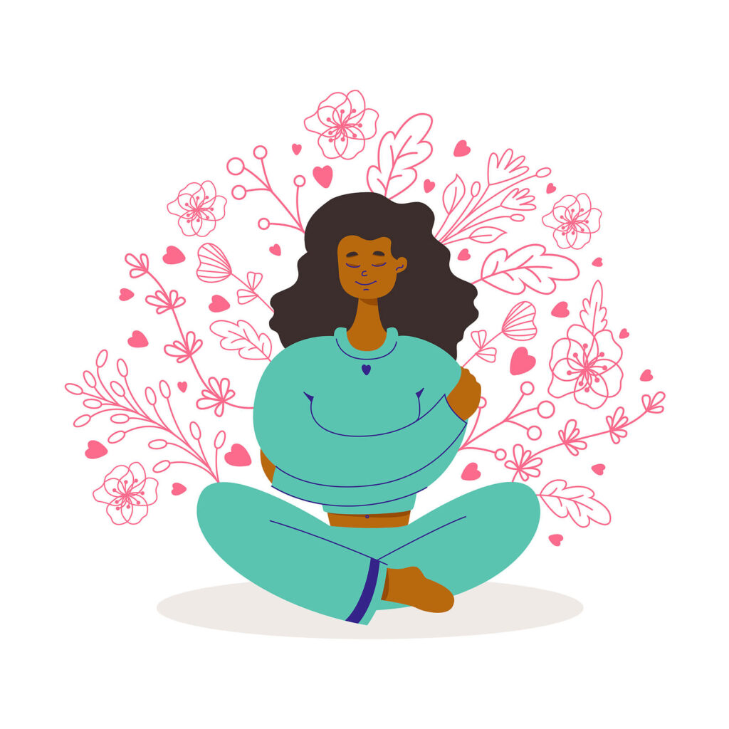 A cartoon of a woman sitting down hugging herself with flowers flowing around her. This represents how ADHD therapy in Charlotte, NC can help you manage sensory sensitivities. Reach out today to get started. 