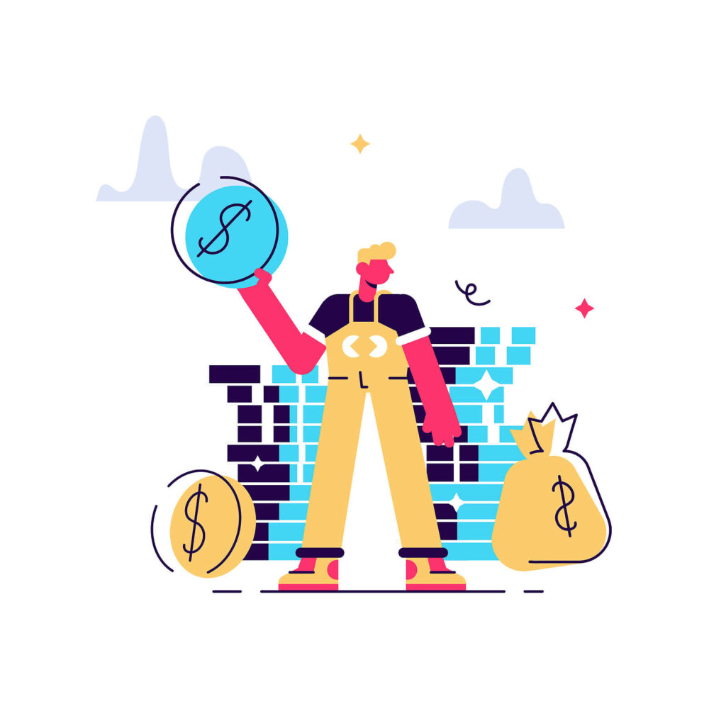 A cartoon character holding coins & surrounded by money. Representing how ADHD therapy in Charlotte, NC can help young adults with financial literacy. Reach out today to get started. 