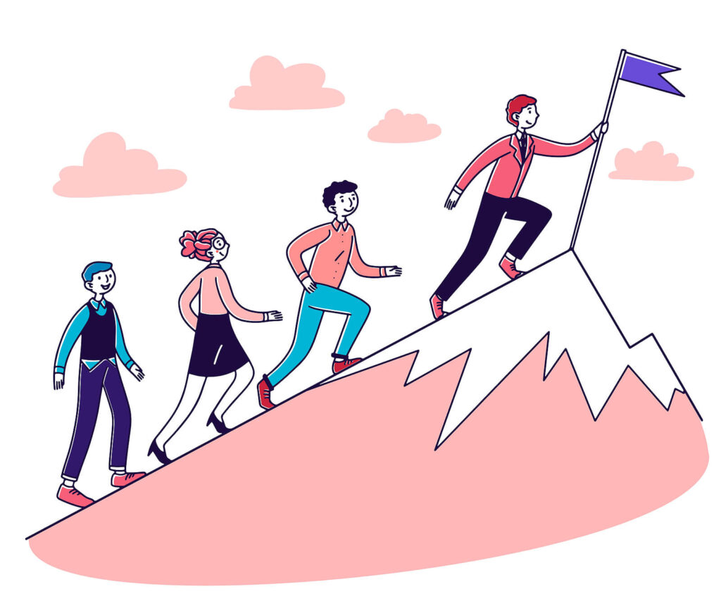 4 cartoon characters climbing up a mountain to a purple flag. Representing how ADHD treatment for adults in Charlotte, NC helps young adults with goal setting. Start reaching your goals now! 