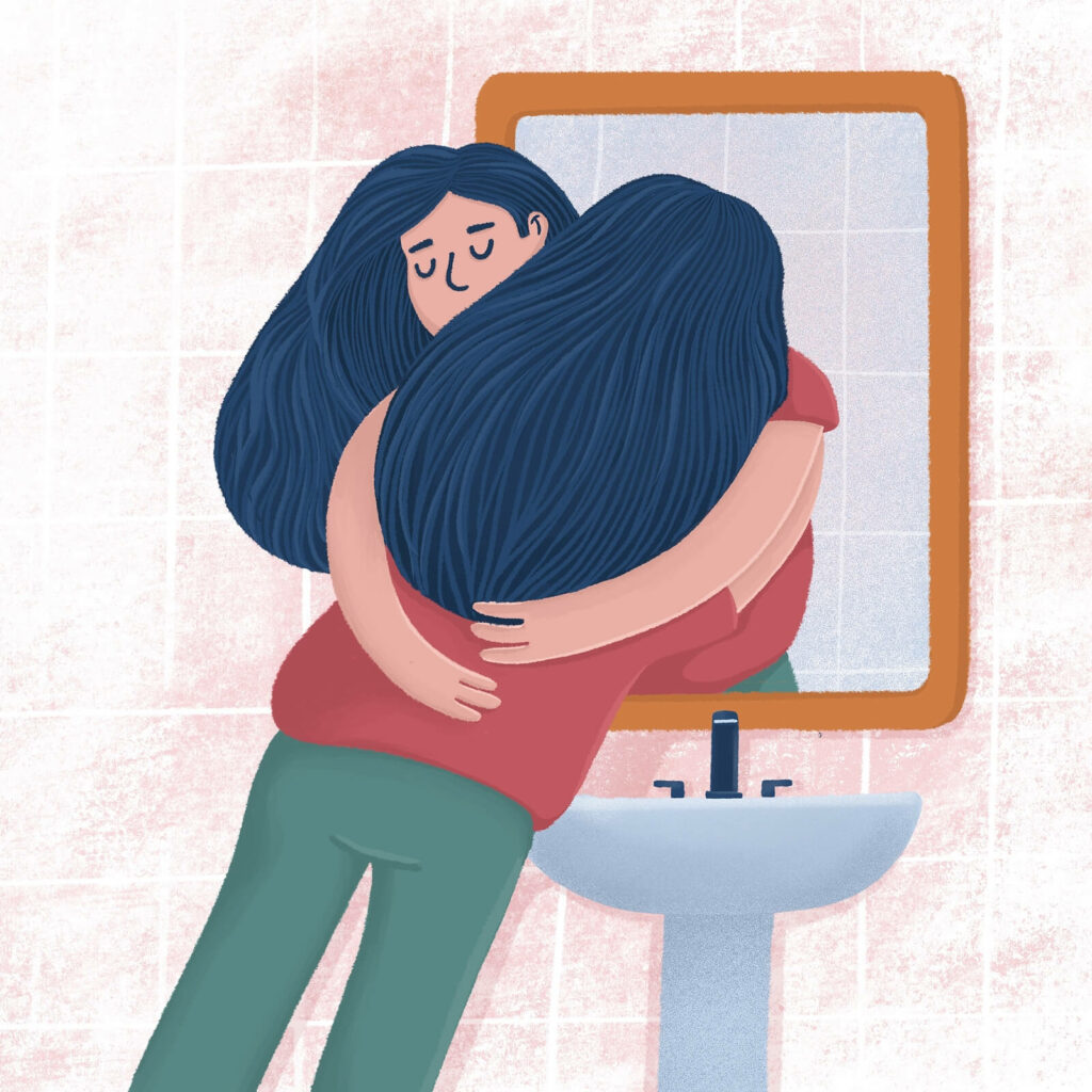 A woman hugging herself through the bathroom mirror cartoon. Our dialectical behavioral therapy in Charlotte, NC can help with anxiety, BPD & more. Get started today.