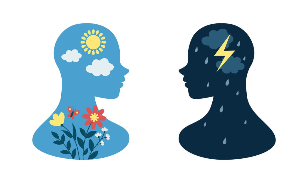 An illustration of outlines of two heads; one filled with flowers & sunshine, the other filled with rain & lightening bolt. This represents the different parts of your IFS system. Begin working with an IFS therapist in Charlotte, NC today.