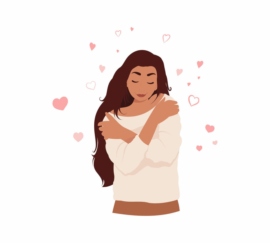 A cartoon of a woman hugging herself with hearts surrounding. By nurturing your internal family system, you can find healing. Get started with IFS therapy in Charlotte, NC today.