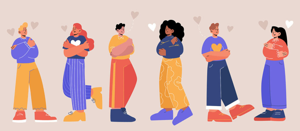 An illustration of diverse individuals showing self-love. To break free from a trauma bond, begin working with a trauma therapist in Charlotte, NC. We can help you find peace!