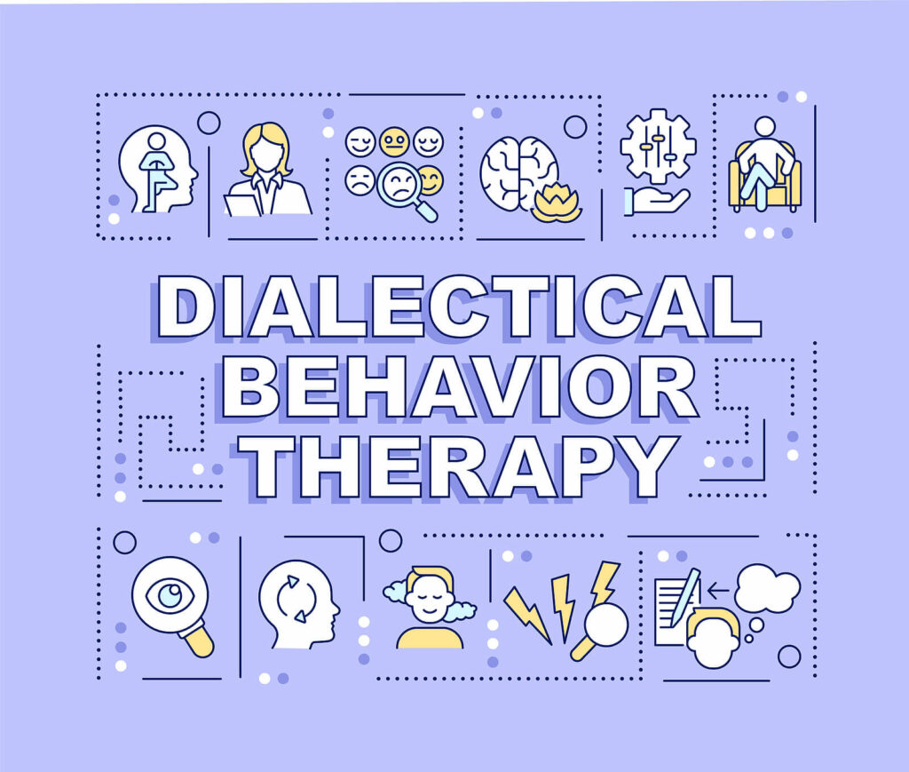 A cartoon of "Dialectical behavior therapy" on a purple background. Representing how DBT therapy in Charlotte, NC can help emotional dysregulation. Get started with a DBT therapist today.