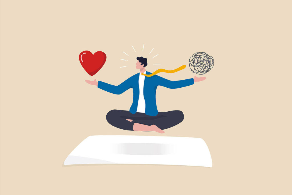 An illustration of a man meditating while holding up a stress ball & heart. Did you know DBT therapy in Charlotte, NC can help you with mental health challenges? Get started with a DBT therapist today. 