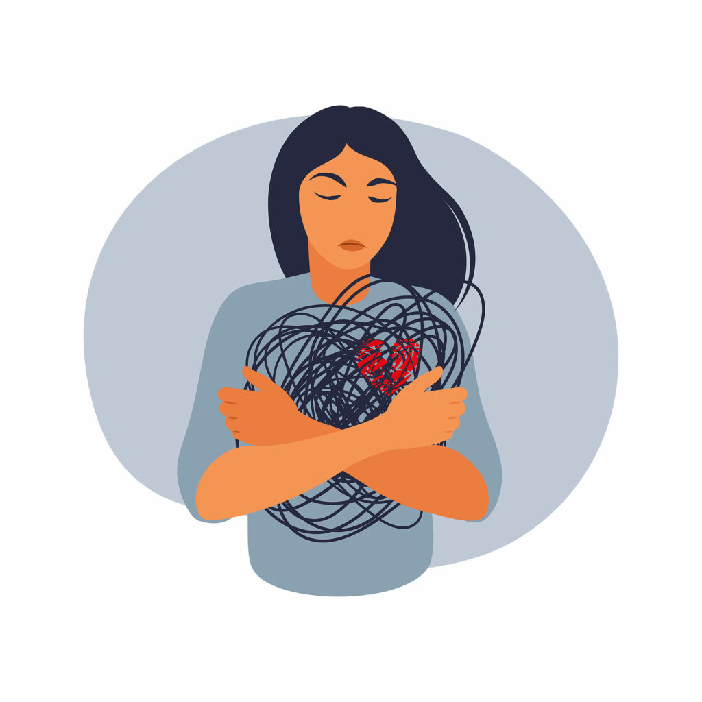 An illustration of a girl hugging a ball of stress & broken heart. Representing how trauma bonds can stem from child abuse, domestic abuse & more. Get started with trauma therapy in Charlotte, NC today!