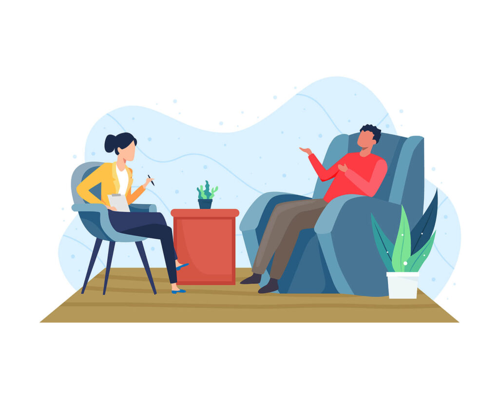 An illustration of a man sitting in a chair talking to a therapist taking notes. Representing how ADHD therapy in Charlotte, NC can help individuals find strategies to help them with procrastination challenges. Get started with our ADHD therapists today. 